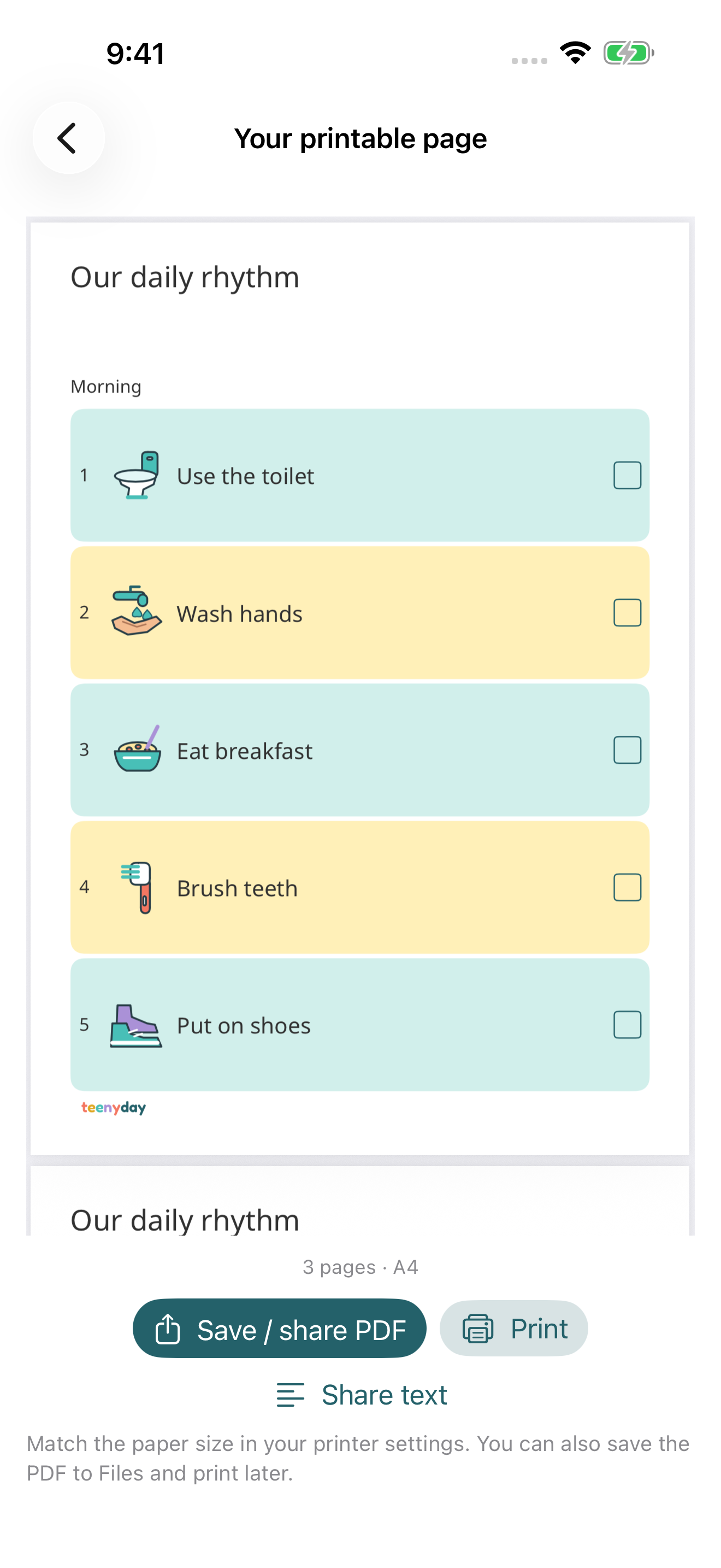 Teenyday’s printable routine: use the toilet, wash hands, eat breakfast, brush teeth and put on shoes.