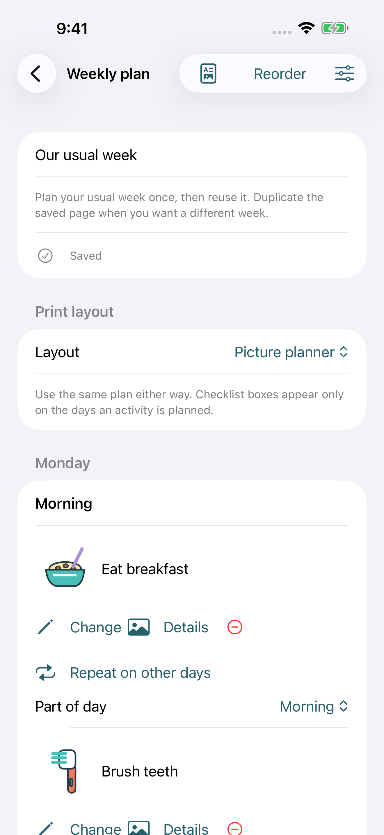 Weekly planner in Teenyday, with activities organised by day and time of day.
